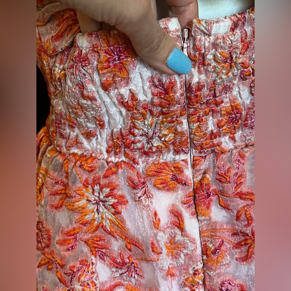 Anthropologie Strapless Mini Dress. Back bow, stretchy back. Orange, pink. L - Picture 9 of 16